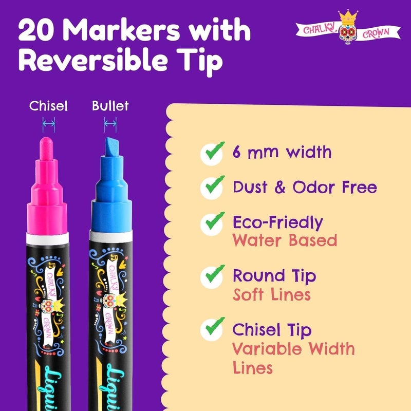 CHALKY CROWN Bold Chalk Markers - Dry Erase Marker Pens - Liquid Chalk Markers for Chalkboards, Signs, Windows, Blackboard, Glass - Reversible Tip (20 Pack) - (Multicolored, 6mm) - Image 2